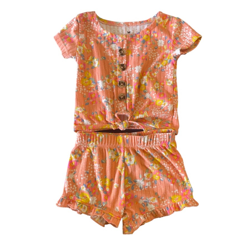 One Step Up Flutter Sleeve Knot Top Shirt & Loose Shorts Outfit Set Floral Peach